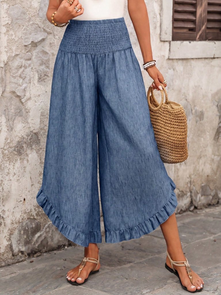 Blue Casual Women's Ruffled Hem Pants